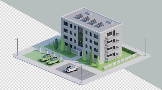 PSD alloggi multifamiliari isometrici 3d con pannelli solari e parcheggio per auto elettriche