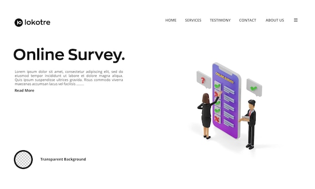 PSD 3 dアイソメトリックオンライン調査図男性と女性がスマートフォンを介してオンライン調査に記入する3 dレンダリング図
