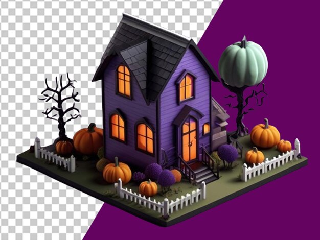 PSD casa di halloween della strega viola isometrica 3d con zucca