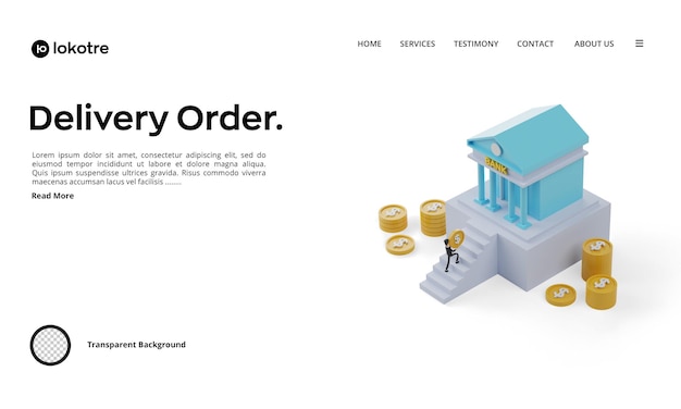 PSD 3d isometric savings money illustration. people bring money to put in the bank