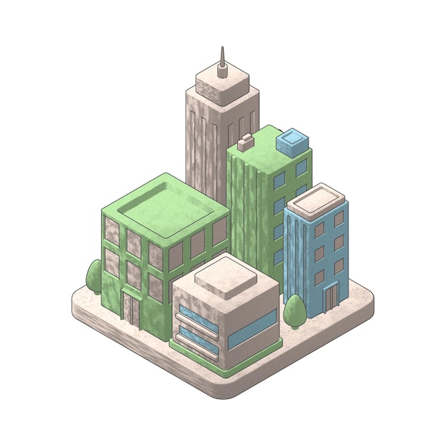 3D-isometrische weergave van een moderne stad met verschillende bouwstijlen
