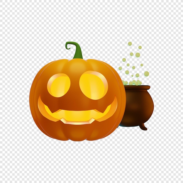 PSD 3d jacks pumpkin lantern and witchs cauldron with green potion halloween concept