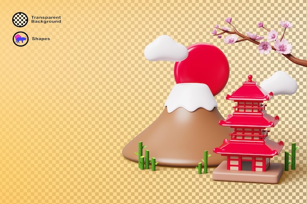 3d Japanese spring landscape with fuji mountain pagoda pink cherry blossom bamboo red sun clouds Travel banner with japan landmark and sakura branch on yellow background render