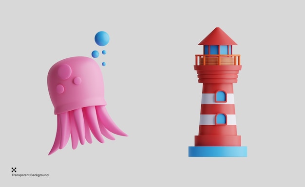 PSD 3d jellyfish and light house illustration