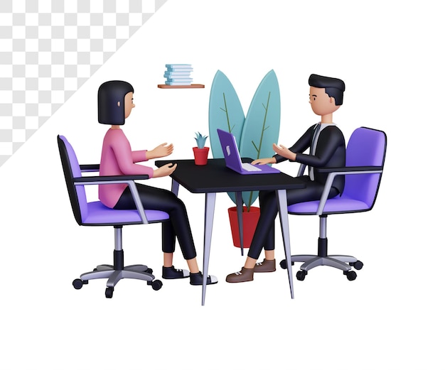 3D-jobinterview med mandlige og kvindelige karakterer