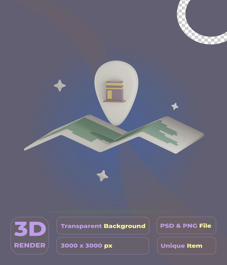 PSD 3d kaaba location illustration with transparent background