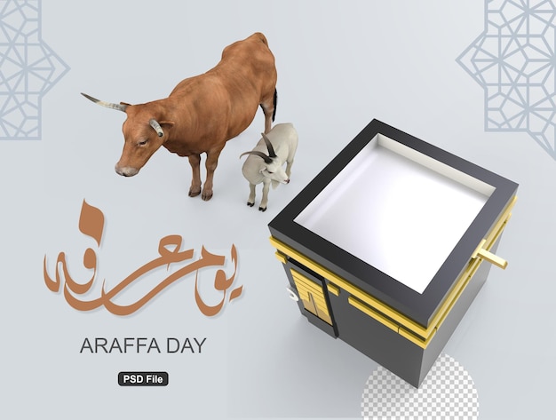 3d kaaba and sacrificial animals on the podium suitable for islamic celebration day and eid al adha