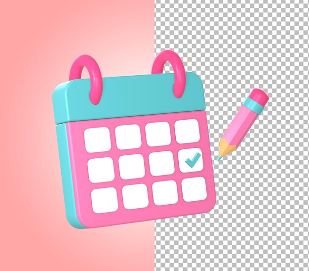 PSD 3d kalender datum tijd met check mark en potlood icoon illustratie