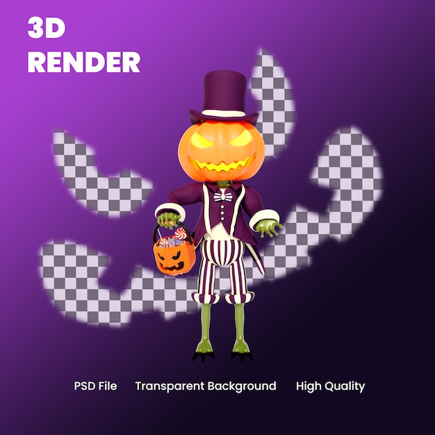 PSD 3d karakter halloween pompoen trick or treat pose illustratie