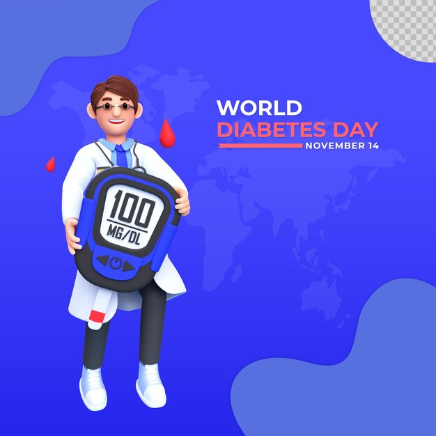 3d karakter illustratie van mannelijke arts wereld diabetes dag
