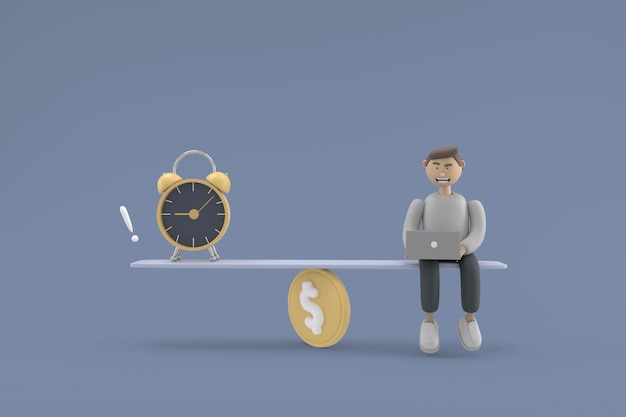 3D karakter jonge man balans tussen tijd en werk met inkomen