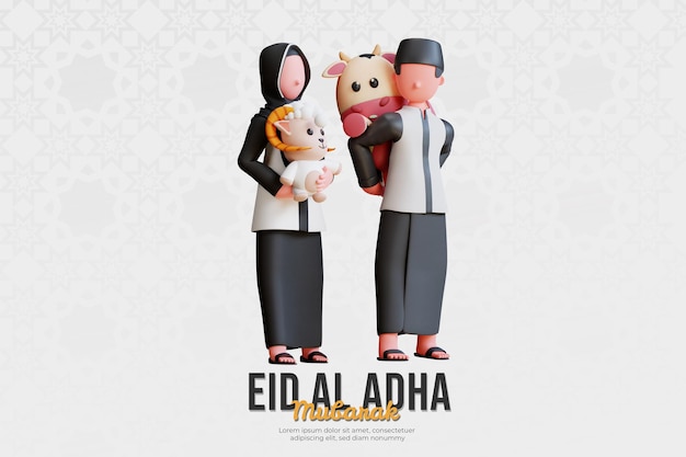 3d karakter moslim paar met eid al adha mascotte