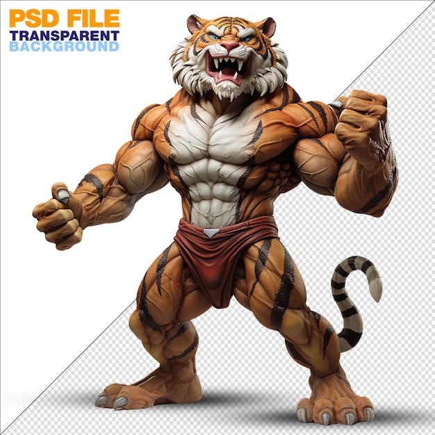 3D karakter sterke tijger op transparante achtergrond
