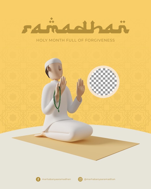 PSD 3d-karakter van een biddende moslim met tasbih in de hand