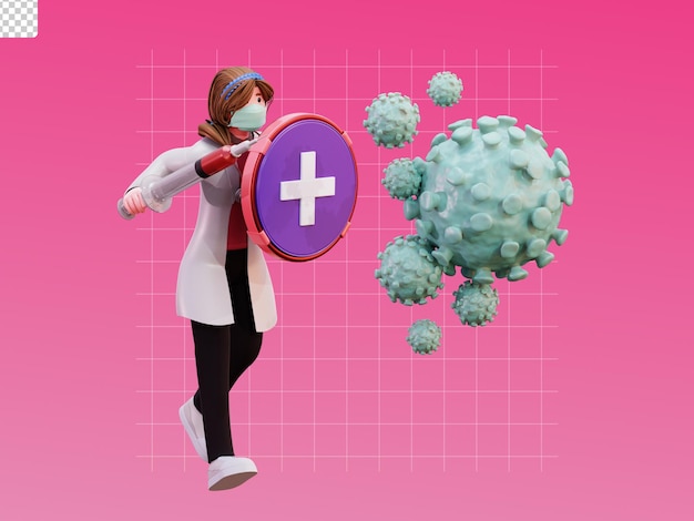 PSD 3d karakter vrouwelijke arts illustratie strijd tegen virus