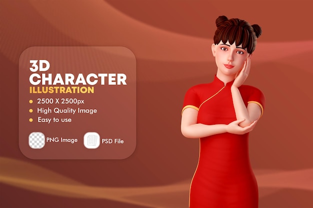 3d karakterillustratie van leuke chinese vrouw, het meisje legt haar handen op haar gezicht