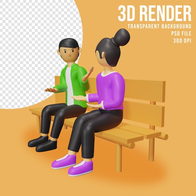 3D karakterillustratie van twee mensen die op een bank zitten