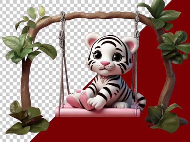 3d kawaii baby white tiger sitting on a swing