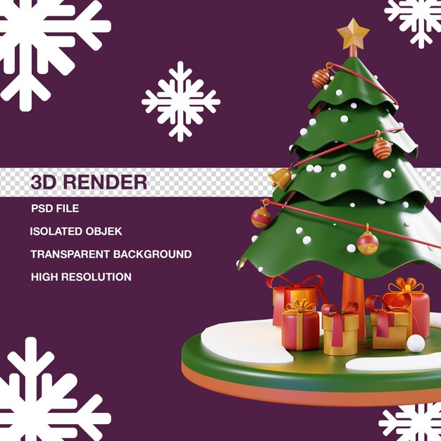 3d kerstboom met sneeuw met decoratie