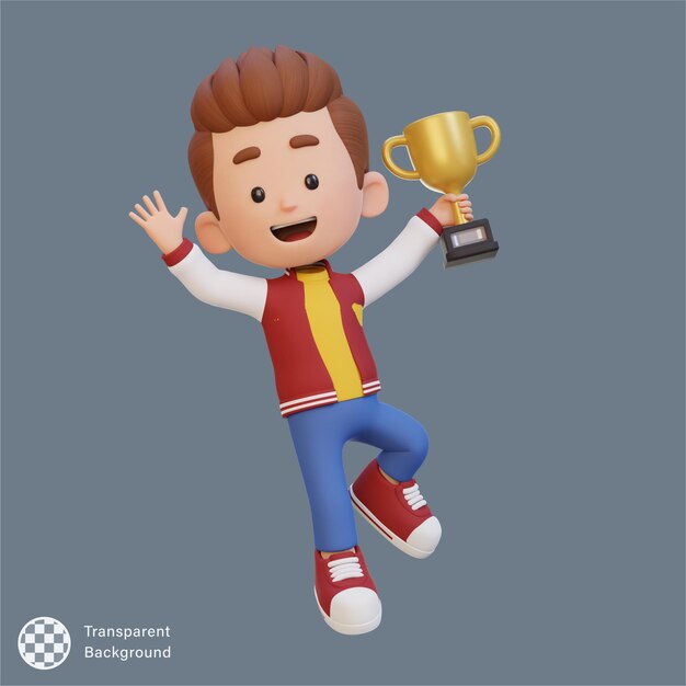 PSD トロフィーを握って勝利を祝う3dの子供キャラクター