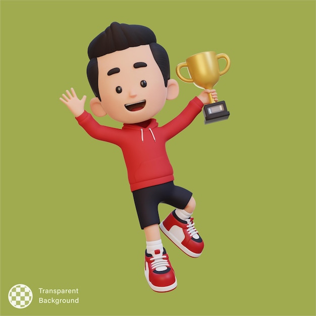 PSD 3d kid character celebrating win holding a trophy