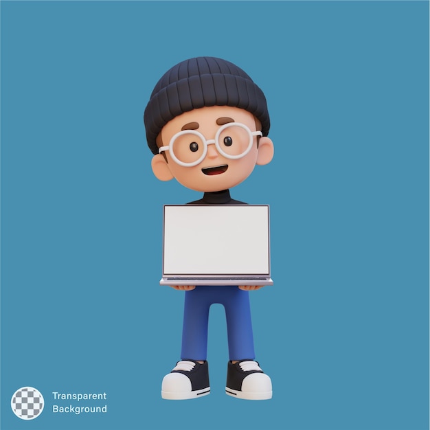 PSD 3d kid character holding and presenting to a laptop with empty screen