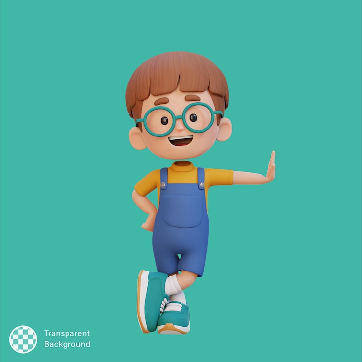 PSD 3d kid character laying on transparent wall