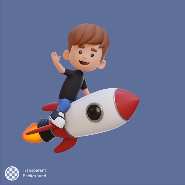 PSD 3d-персонаж ребенка едет на ракете и махает рукой