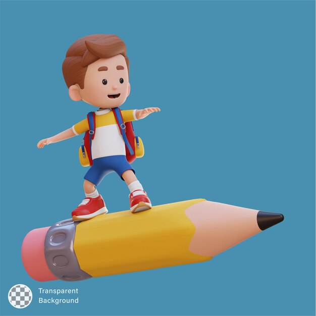 PSD 3d kid character standing riding a pencil