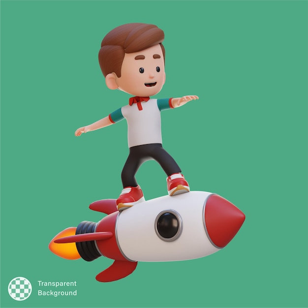 3d kid character standing riding a rocket