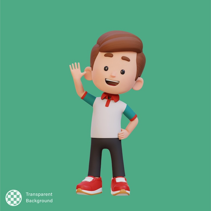 PSD 3d kid character waving hand with cute happy face