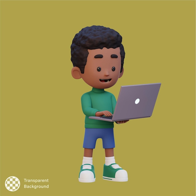 PSD 3d kid character working on a laptop