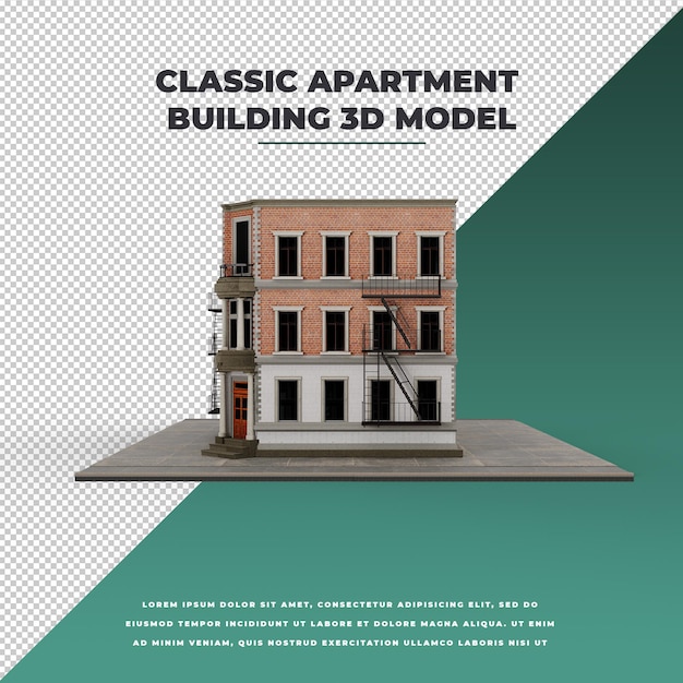 3d klassiek zijaanzicht stadsappartement of gebouwmodel