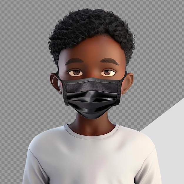 PSD 3d kleine zwarte jongen draagt gezichtsmasker png geïsoleerd op transparante achtergrond