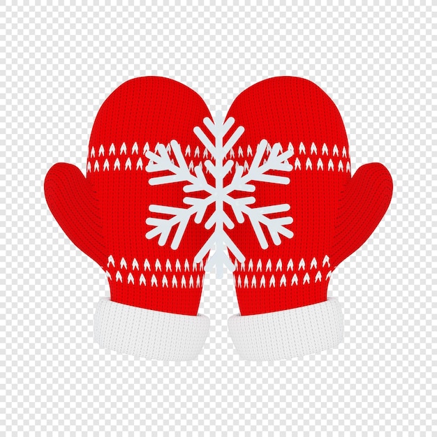 PSD 3d вязаные красные варежки держат снежинку изолированную 3d иллюстрацию
