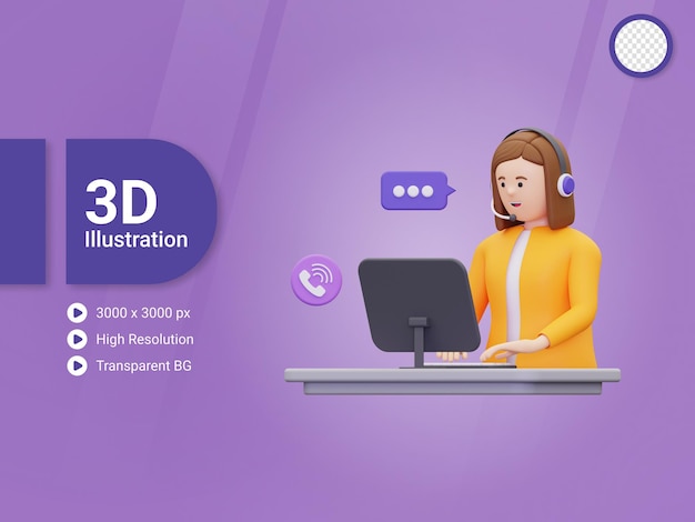 PSD 3d kobieta ilustracja agenta call center