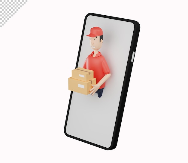 3D-koerierkarakter verschijnt van het telefoonscherm op een witte achtergrond 3D-renderingillustratie