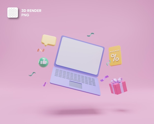 3D-korting of prijskaartje en cadeau voor online winkelverkoop met leeg laptopscherm