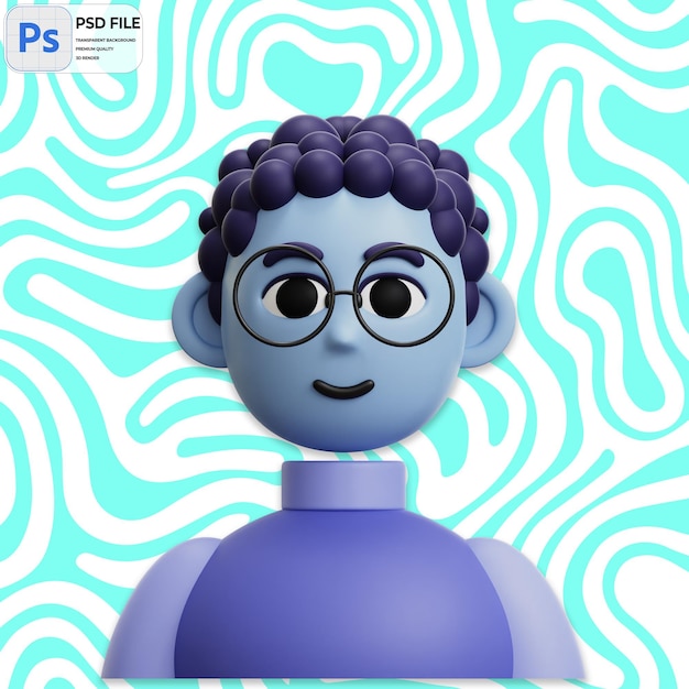 PSD 3d krullend haar man met bril render icon geïsoleerd png illustratie psd sjabloon