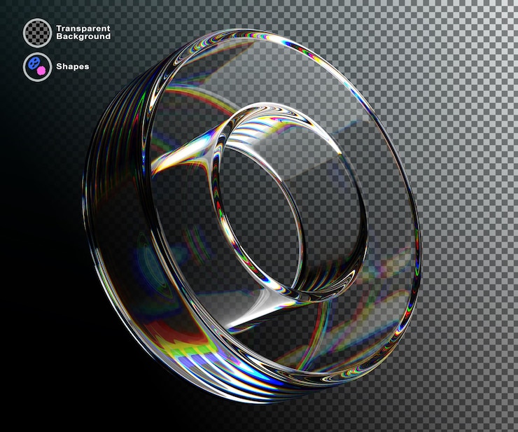 PSD 3d kryształ szklany przezroczysty okrąg geometryczna postać na czarnym tle abstrakcyjny rendering błyszczący pierścień z światłem rozproszonym i holograficznym gradientem kolorystycznym izolowany element projektowy ikona