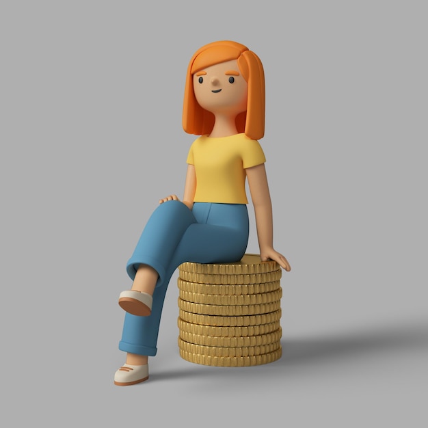 3d kvinnelig karakter som sitter på en stabel med mynter