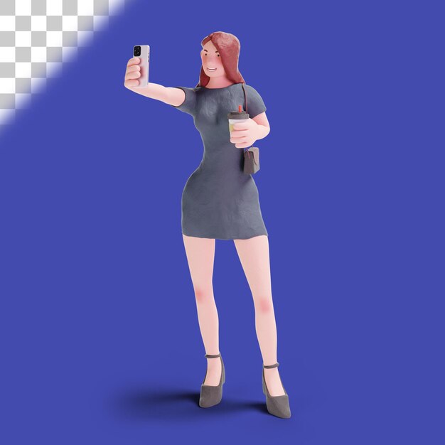 3d ładna Kobieta W Sukience Selfie Z Kawą