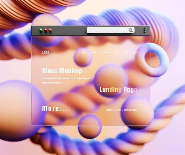 PSD 3d landing page mockup met glas morphisme effect of 3d web interface presentatie mockup