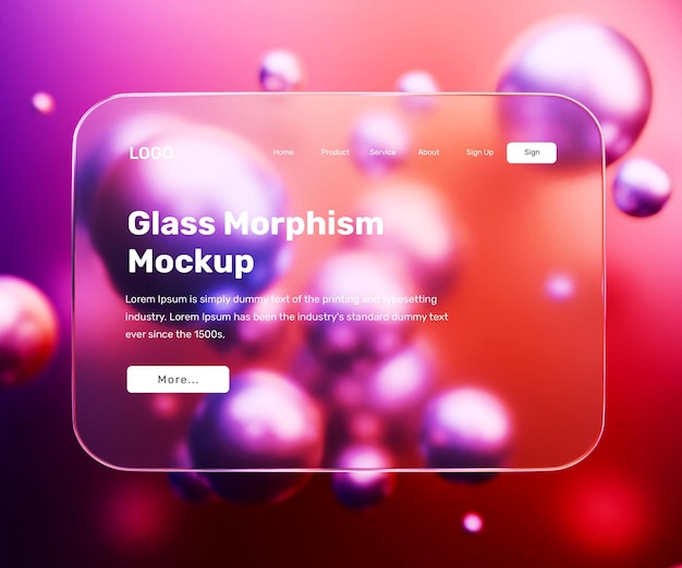 PSD 3d landing page mockup with glass morphism effect or 3d web interface presentation mockup