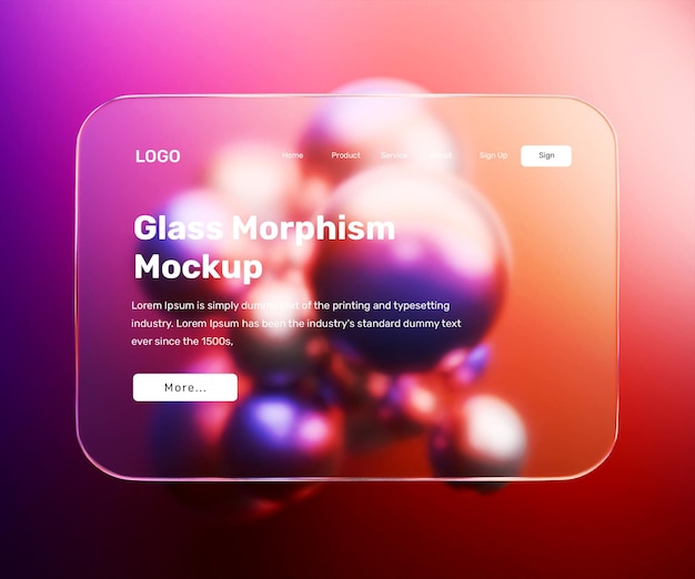 PSD 3d landing page mockup with glass morphism effect or 3d web interface presentation mockup