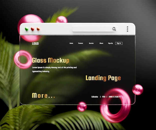 Mockup di pagina di destinazione 3d con effetto di morfismo di vetro o mockup di presentazione dell'interfaccia web 3d