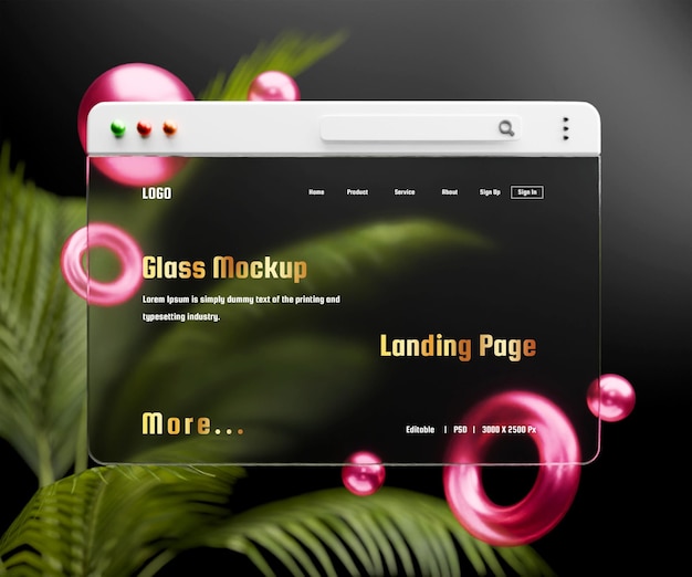 PSD 3d landing page mockup z efektem szklanego morfizmu lub 3d web interface presentation mockup