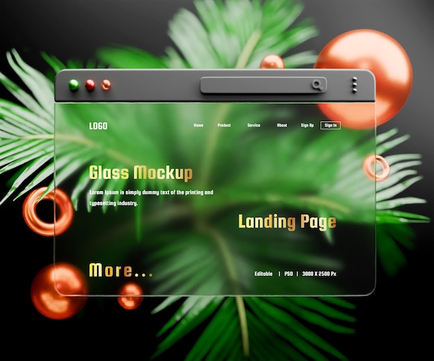 PSD 3d landing page mockup z efektem szklanego morfizmu lub 3d web interface presentation mockup