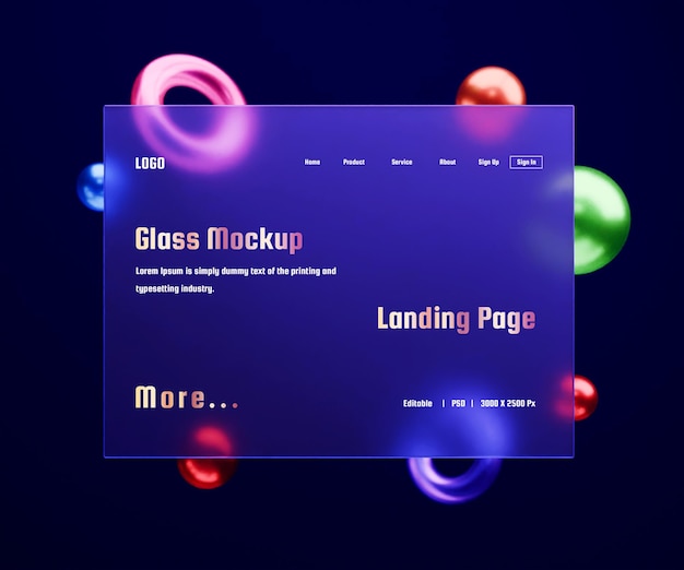 PSD 3d landing page mockup z efektem szklanego morfizmu lub 3d web interface presentation mockup