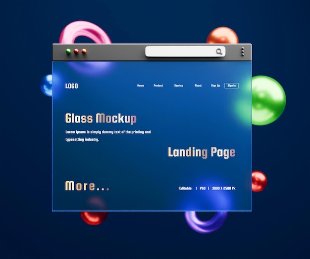 PSD 3d landing page mockup z efektem szklanego morfizmu lub 3d web interface presentation mockup